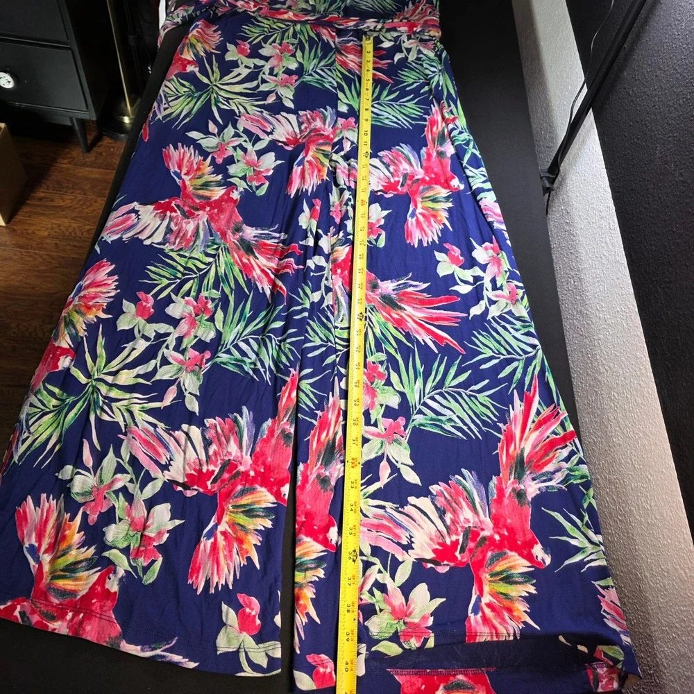 Sofia Jeans by Sofia Vergara‎ Tropical Parrot Halter Wide Leg Jumpsuit Navy L